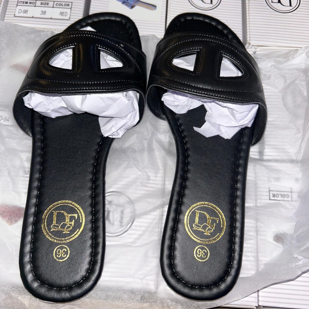DF Branded Black Slide Mules - Open Cutout Upper